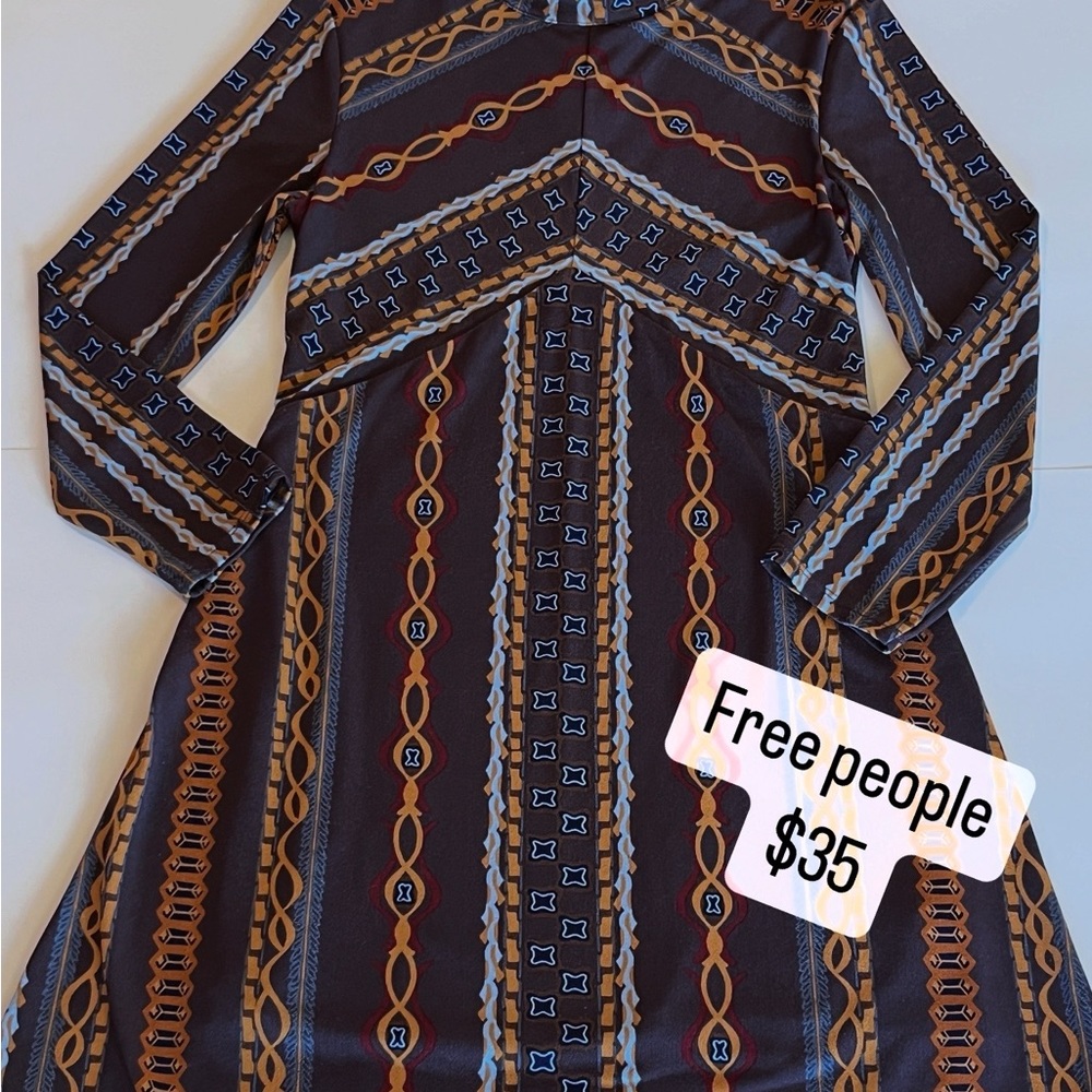 Free People Blue and Brown A-Line Dress with Raglan Sleeves